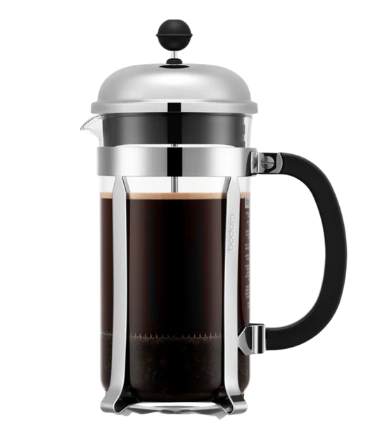 Instructions for brewing coffee with a French Press: Preheat the press with hot water, then add 41g of medium-coarse ground coffee. Pour 672g of hot water over the grounds and stir. After 3 minutes, stir again, and after 4 minutes, skim off floating grounds and foam. Finally, press the plunger down and pour the coffee.