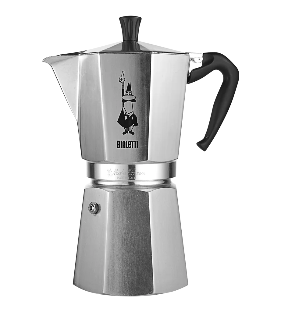 Step-by-step instructions for brewing coffee with a Moka Pot. Add 235g of boiling water to the bottom chamber, place the filter basket, and add 20g of medium-fine ground coffee. Secure the pot and place it on medium heat. Once brewing begins, close the lid. When percolating sounds stop, remove from heat and rest for 30 seconds before serving.