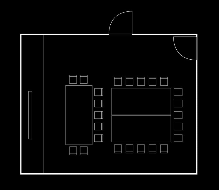 Top and bottom view of room structure with spacious seating arrangement, desks, and central open area designed for gatherings or meetings.